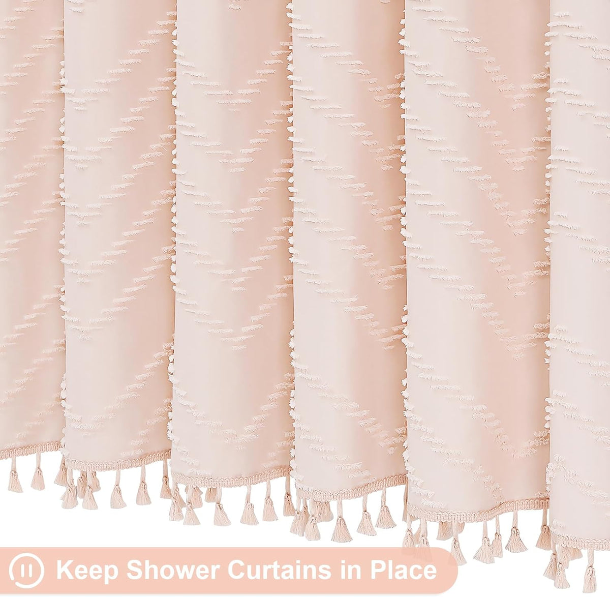 Boho Farmhouse Woven Fabric Shower Curtain, Light Pink Tufted Chevron Stripes Textured Minimalist Design with Tassels, Water-Repellent Bathroom Decor for Home or Hotel, 72 x 72