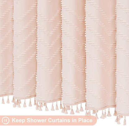 Boho Farmhouse Woven Fabric Shower Curtain, Light Pink Tufted Chevron Stripes Textured Minimalist Design with Tassels, Water-Repellent Bathroom Decor for Home or Hotel, 72 x 72