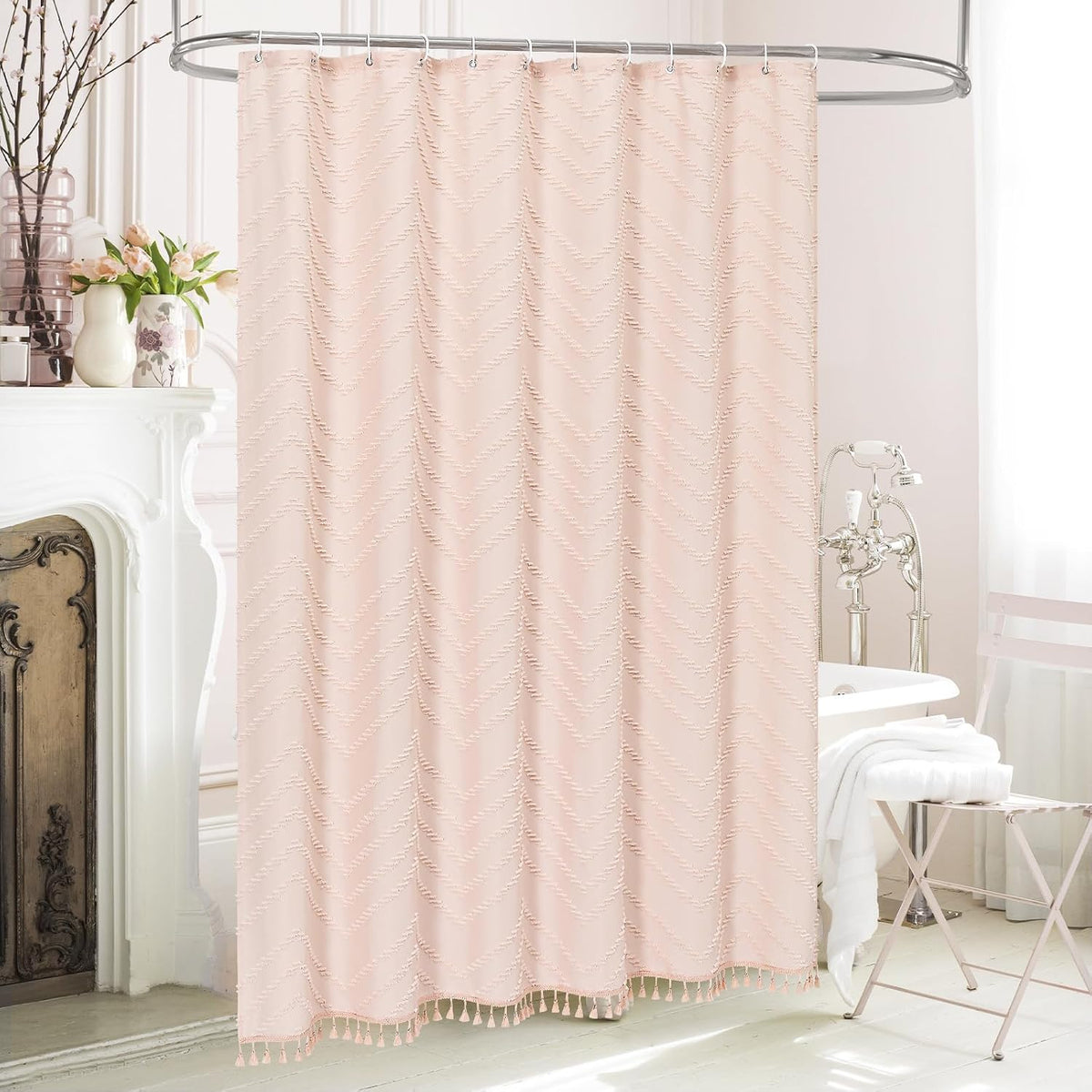 Boho Farmhouse Woven Fabric Shower Curtain, Light Pink Tufted Chevron Stripes Textured Minimalist Design with Tassels, Water-Repellent Bathroom Decor for Home or Hotel, 72 x 72