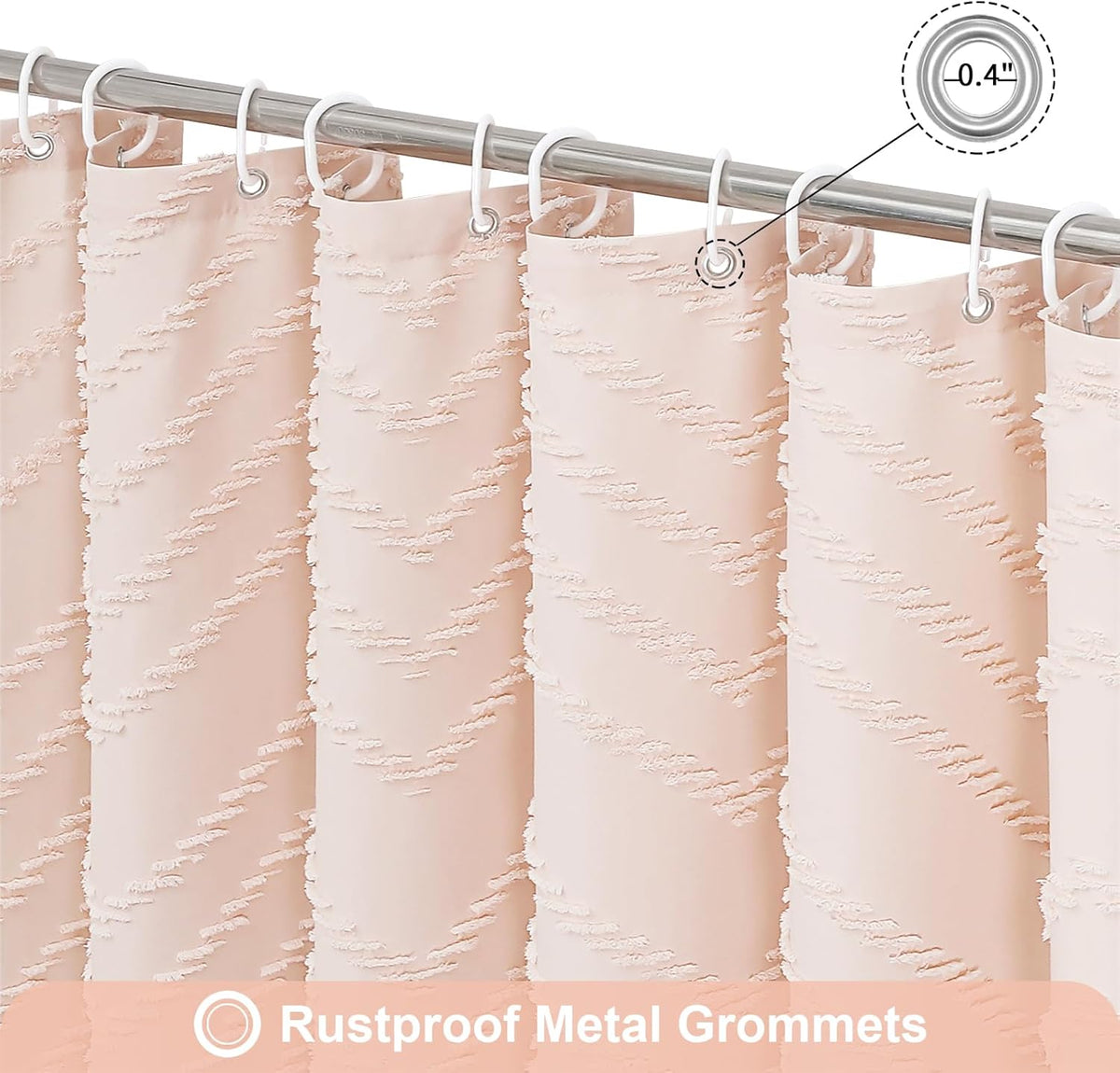 Boho Farmhouse Woven Fabric Shower Curtain, Light Pink Tufted Chevron Stripes Textured Minimalist Design with Tassels, Water-Repellent Bathroom Decor for Home or Hotel, 72 x 72