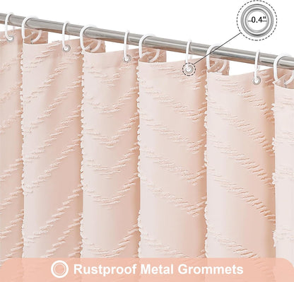 Boho Farmhouse Woven Fabric Shower Curtain, Light Pink Tufted Chevron Stripes Textured Minimalist Design with Tassels, Water-Repellent Bathroom Decor for Home or Hotel, 72 x 72