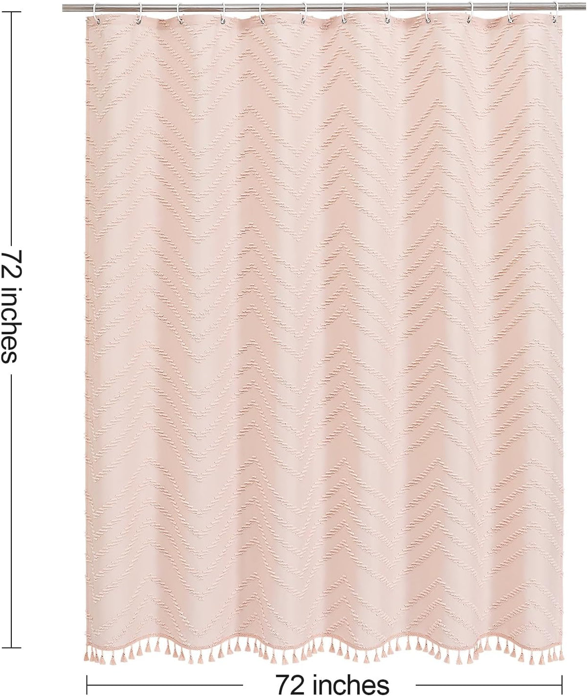 Boho Farmhouse Woven Fabric Shower Curtain, Light Pink Tufted Chevron Stripes Textured Minimalist Design with Tassels, Water-Repellent Bathroom Decor for Home or Hotel, 72 x 72