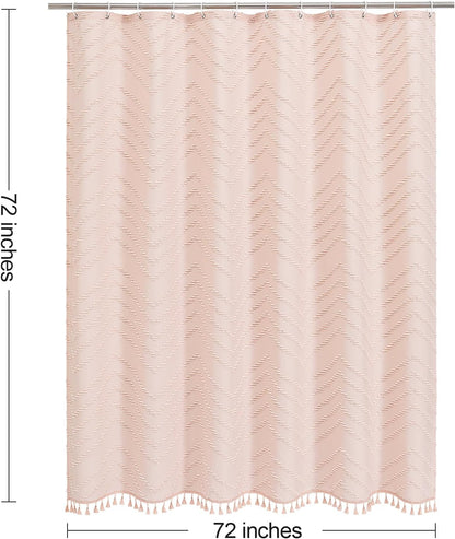 Boho Farmhouse Woven Fabric Shower Curtain, Light Pink Tufted Chevron Stripes Textured Minimalist Design with Tassels, Water-Repellent Bathroom Decor for Home or Hotel, 72 x 72