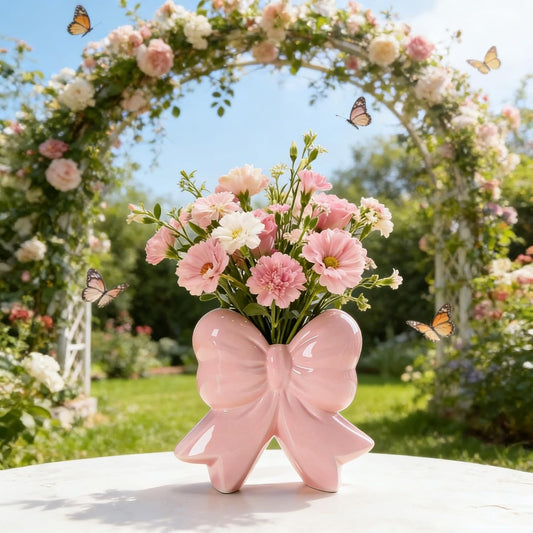 Pink Bow Vase Coquette Ceramic Vase for Home Office Shelf Table Living Room, Pen Holder Makeup Brush Holder Modern Home Decor Vase Gift for Christmas