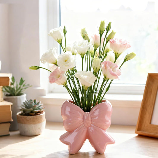 Pink Bow Vase Coquette Ceramic Vase for Home Office Shelf Table Living Room, Pen Holder Makeup Brush Holder Modern Home Decor Vase Gift for Christmas