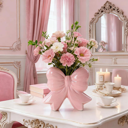 Pink Bow Vase Coquette Ceramic Vase for Home Office Shelf Table Living Room, Pen Holder Makeup Brush Holder Modern Home Decor Vase Gift for Christmas