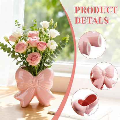 Pink Bow Vase Coquette Ceramic Vase for Home Office Shelf Table Living Room, Pen Holder Makeup Brush Holder Modern Home Decor Vase Gift for Christmas