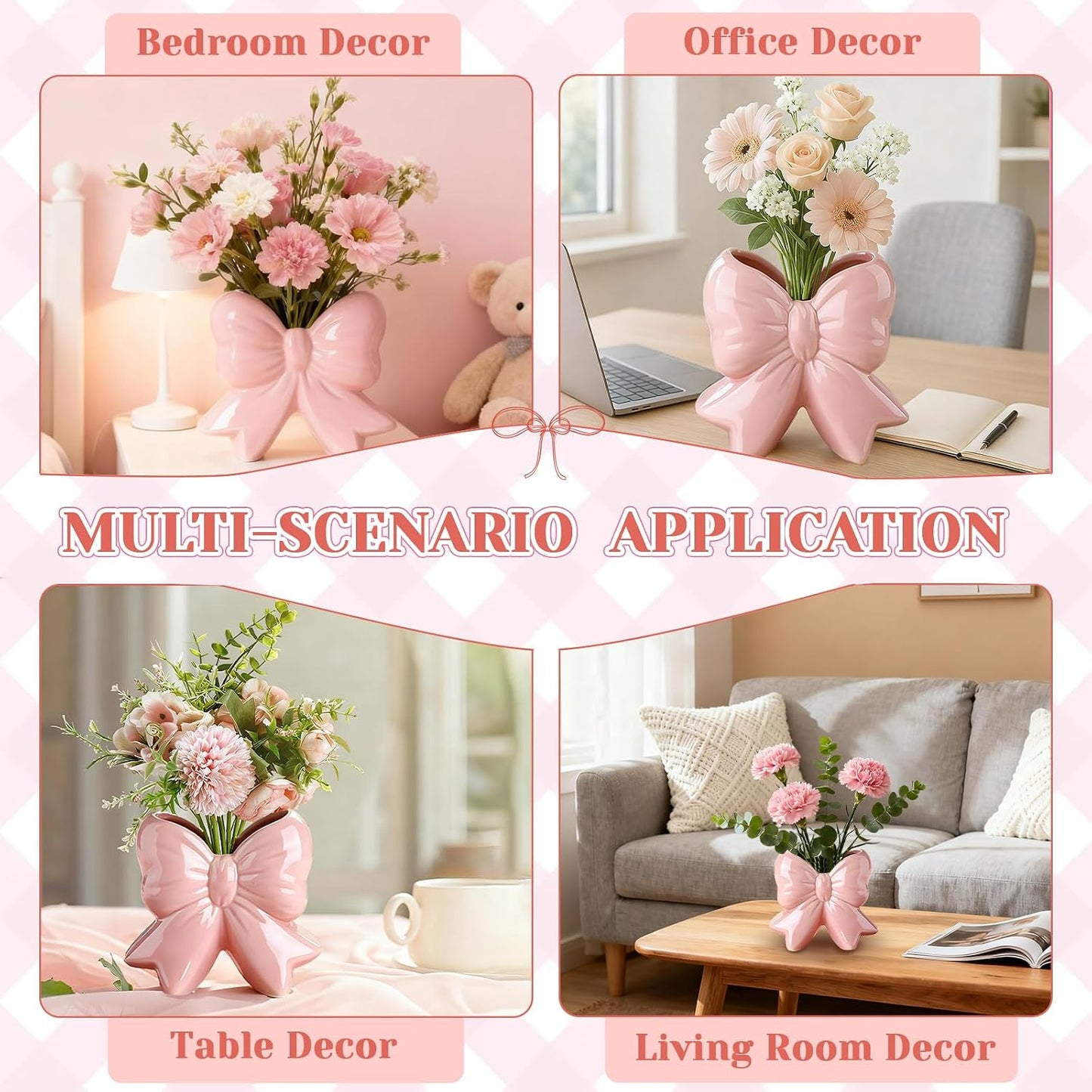 Pink Bow Vase Coquette Ceramic Vase for Home Office Shelf Table Living Room, Pen Holder Makeup Brush Holder Modern Home Decor Vase Gift for Christmas