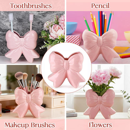 Pink Bow Vase Coquette Ceramic Vase for Home Office Shelf Table Living Room, Pen Holder Makeup Brush Holder Modern Home Decor Vase Gift for Christmas