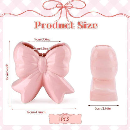 Pink Bow Vase Coquette Ceramic Vase for Home Office Shelf Table Living Room, Pen Holder Makeup Brush Holder Modern Home Decor Vase Gift for Christmas