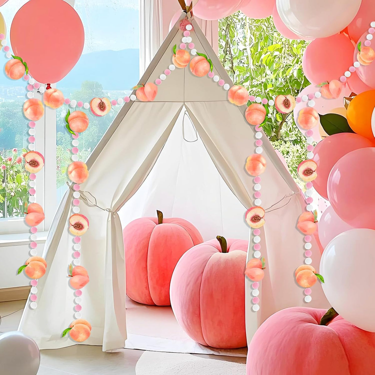 3 Pcs Peach Theme Felt Balls Garlands, 4.9 Ft Pink Fruit Pom Pom Balls Decorative Banner Garland, Wall Hanging for Holiday Wedding Nursery Home Birthday Decorations