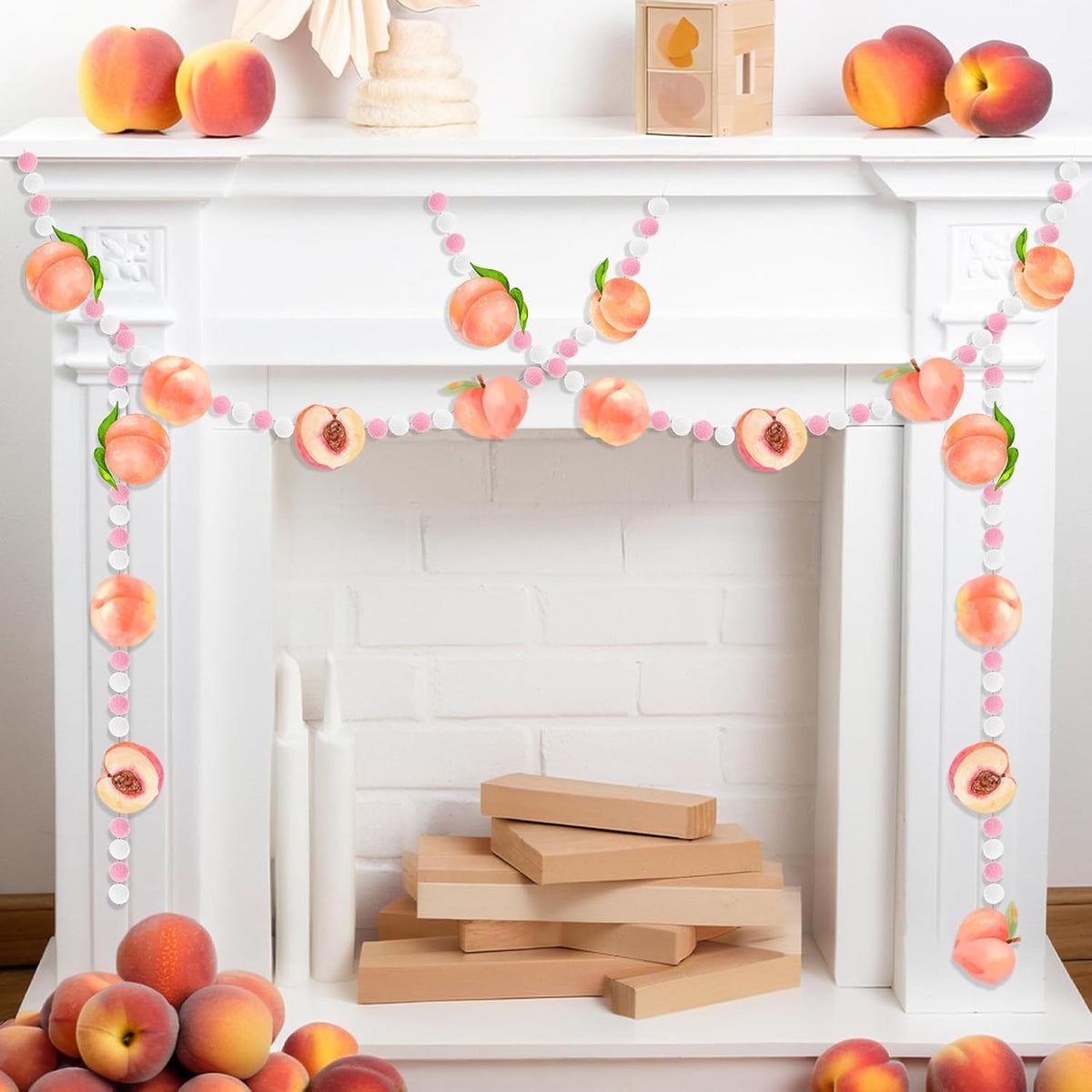 3 Pcs Peach Theme Felt Balls Garlands, 4.9 Ft Pink Fruit Pom Pom Balls Decorative Banner Garland, Wall Hanging for Holiday Wedding Nursery Home Birthday Decorations