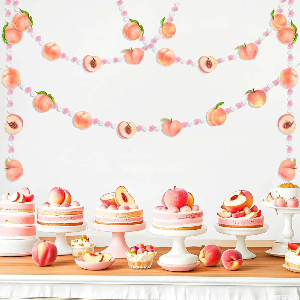 3 Pcs Peach Theme Felt Balls Garlands, 4.9 Ft Pink Fruit Pom Pom Balls Decorative Banner Garland, Wall Hanging for Holiday Wedding Nursery Home Birthday Decorations