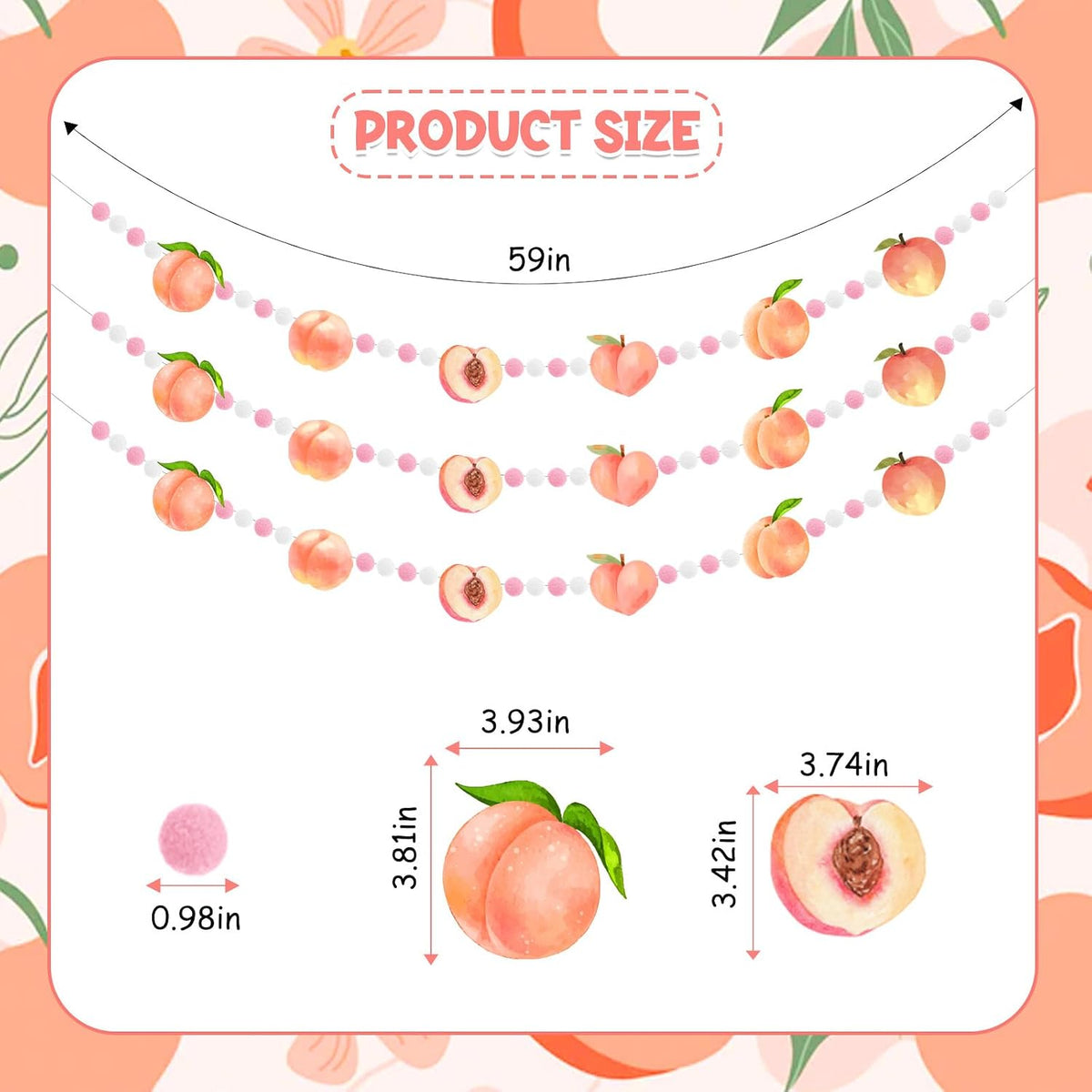 3 Pcs Peach Theme Felt Balls Garlands, 4.9 Ft Pink Fruit Pom Pom Balls Decorative Banner Garland, Wall Hanging for Holiday Wedding Nursery Home Birthday Decorations