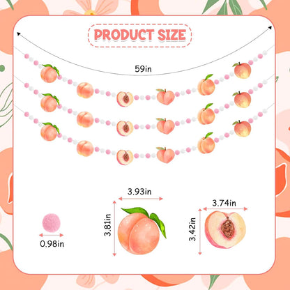 3 Pcs Peach Theme Felt Balls Garlands, 4.9 Ft Pink Fruit Pom Pom Balls Decorative Banner Garland, Wall Hanging for Holiday Wedding Nursery Home Birthday Decorations