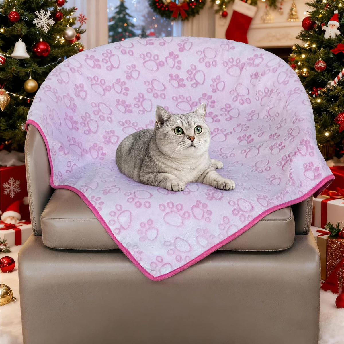 Premium Soft Dog Blanket, with Flannel Pink Cute Paw Print, Cat Blanket Puppy Supplies Dog Products Stuff Essentials(Pink 32x40 inches)