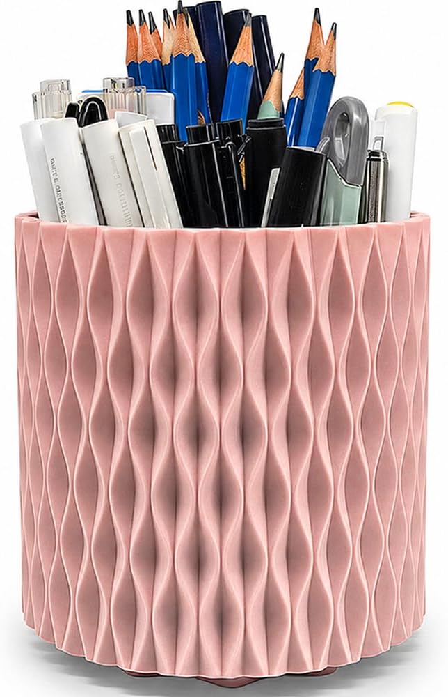 Rotating Pencil Holder for Desk, 5 Slots Unique Pink Organizer Easthetic Desktop Supplies and Accessories for Women Girls, Pen Cup Caddy for Office Home Art Supply