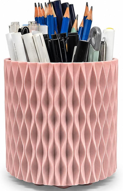 Rotating Pencil Holder for Desk, 5 Slots Unique Pink Organizer Easthetic Desktop Supplies and Accessories for Women Girls, Pen Cup Caddy for Office Home Art Supply
