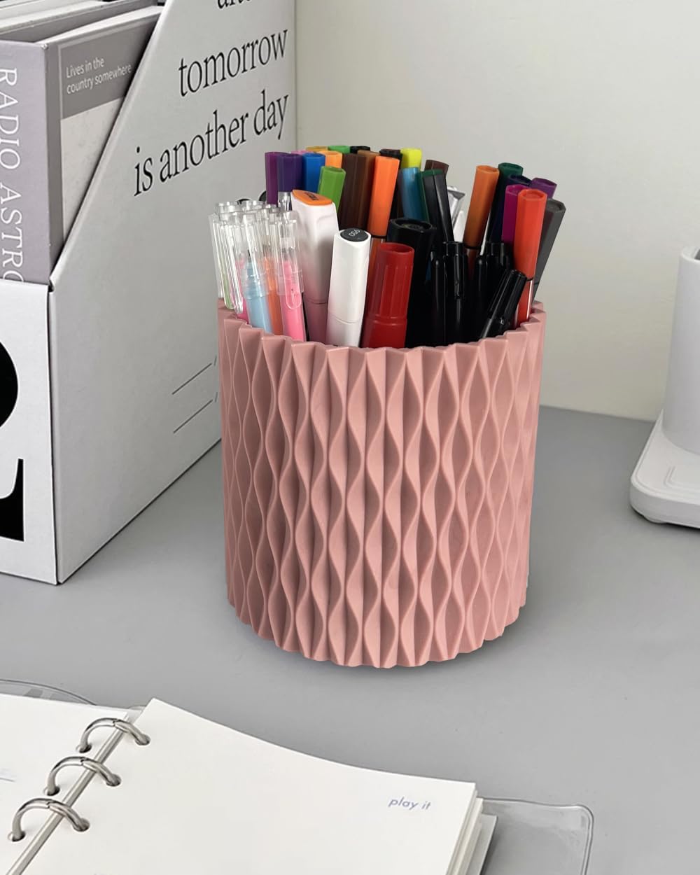 Rotating Pencil Holder for Desk, 5 Slots Unique Pink Organizer Easthetic Desktop Supplies and Accessories for Women Girls, Pen Cup Caddy for Office Home Art Supply