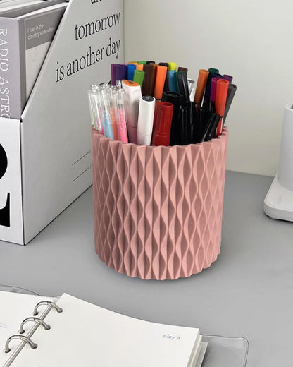 Rotating Pencil Holder for Desk, 5 Slots Unique Pink Organizer Easthetic Desktop Supplies and Accessories for Women Girls, Pen Cup Caddy for Office Home Art Supply