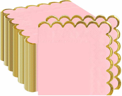 50 Pieces Light Pink Scalloped Napkins with Gold Foil 2-Ply Pink and Gold Disposable Cocktail Napkins Paper for Dinner Wedding Baby Shower Birthday Party Dessert Beverage Napkin