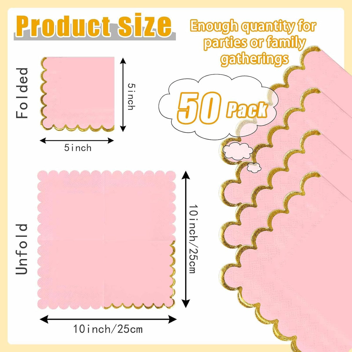 50 Pieces Light Pink Scalloped Napkins with Gold Foil 2-Ply Pink and Gold Disposable Cocktail Napkins Paper for Dinner Wedding Baby Shower Birthday Party Dessert Beverage Napkin