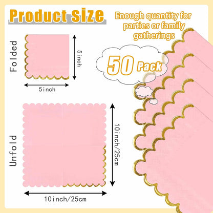 50 Pieces Light Pink Scalloped Napkins with Gold Foil 2-Ply Pink and Gold Disposable Cocktail Napkins Paper for Dinner Wedding Baby Shower Birthday Party Dessert Beverage Napkin