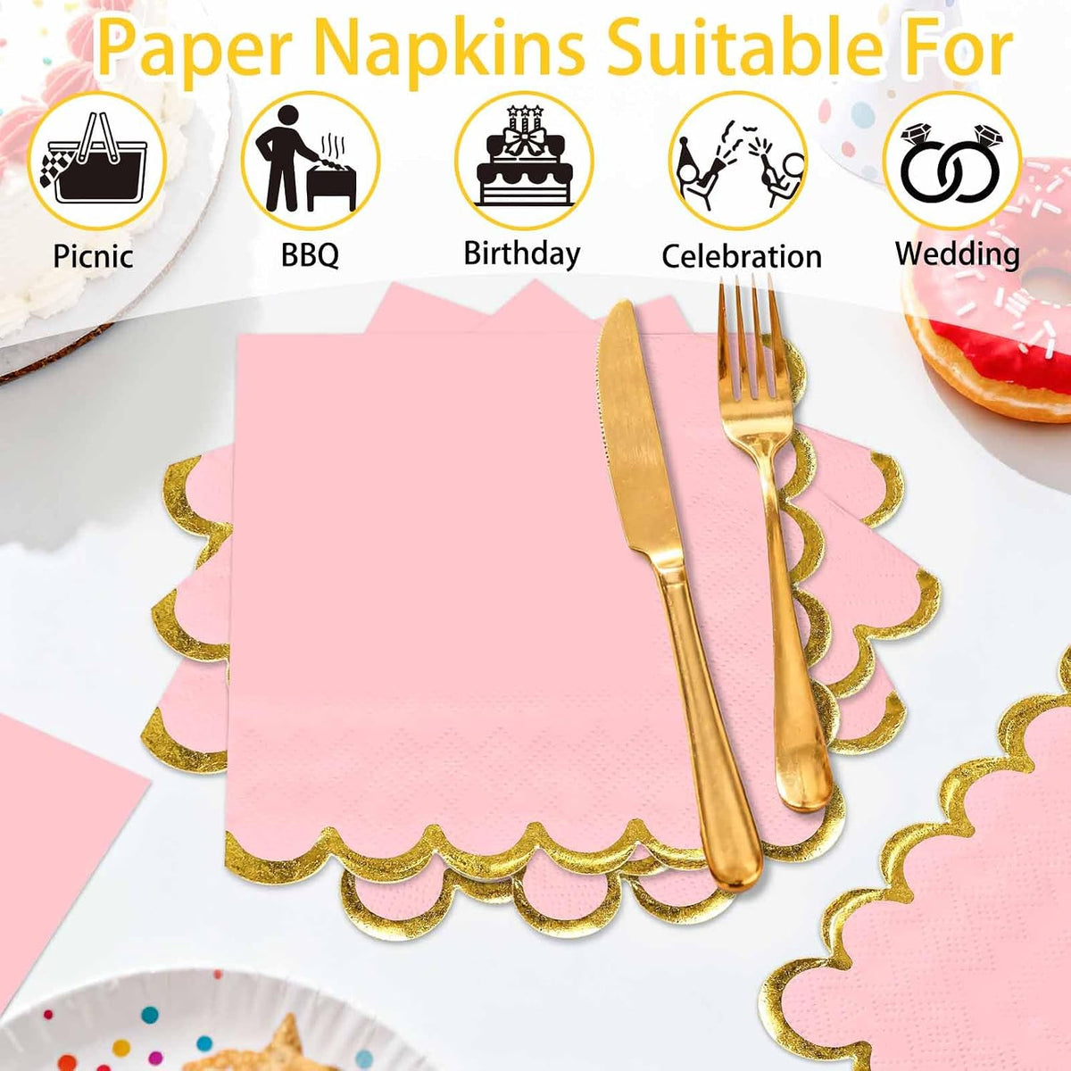 50 Pieces Light Pink Scalloped Napkins with Gold Foil 2-Ply Pink and Gold Disposable Cocktail Napkins Paper for Dinner Wedding Baby Shower Birthday Party Dessert Beverage Napkin