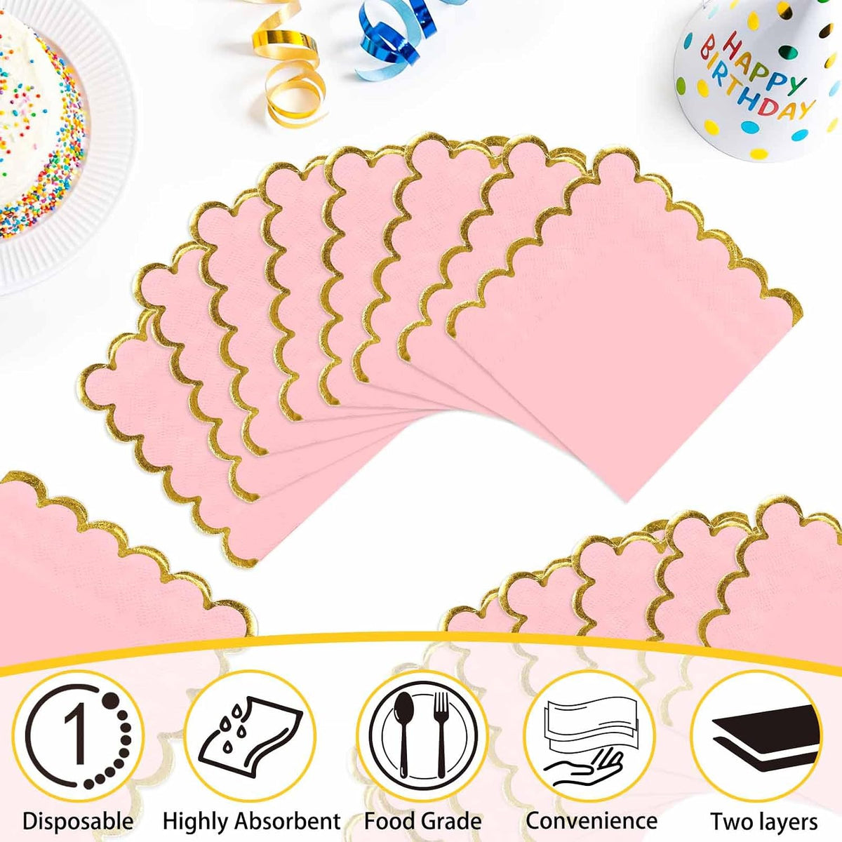 50 Pieces Light Pink Scalloped Napkins with Gold Foil 2-Ply Pink and Gold Disposable Cocktail Napkins Paper for Dinner Wedding Baby Shower Birthday Party Dessert Beverage Napkin