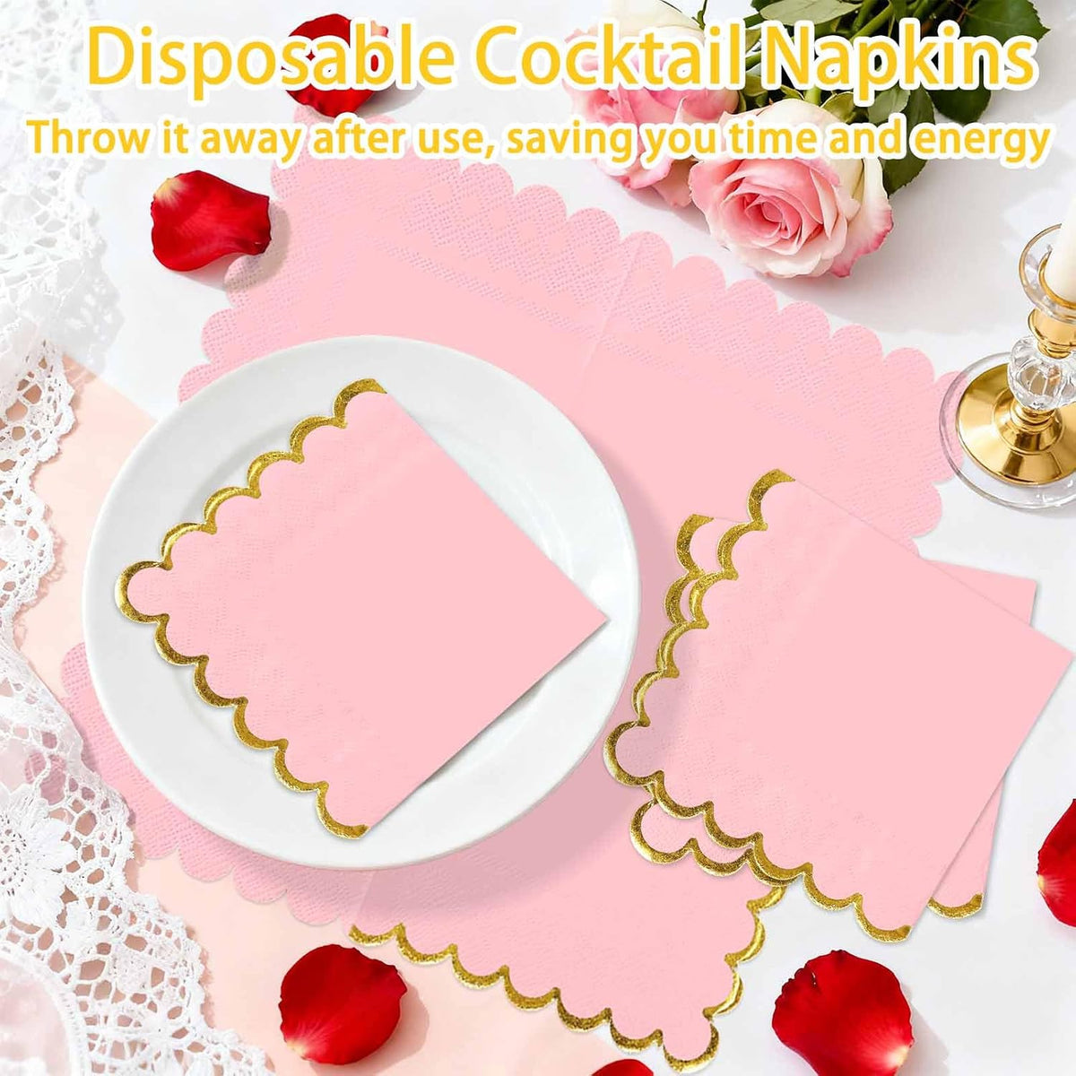 50 Pieces Light Pink Scalloped Napkins with Gold Foil 2-Ply Pink and Gold Disposable Cocktail Napkins Paper for Dinner Wedding Baby Shower Birthday Party Dessert Beverage Napkin