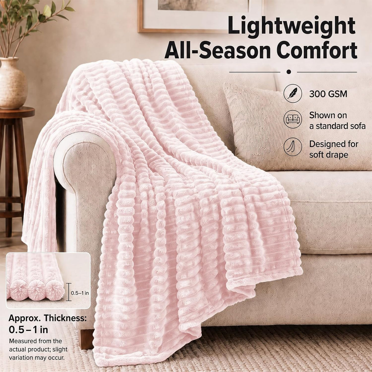 Pink Throw Blanket for Couch, 300GSM Ribbed Fleece, 50 x 60 Inches