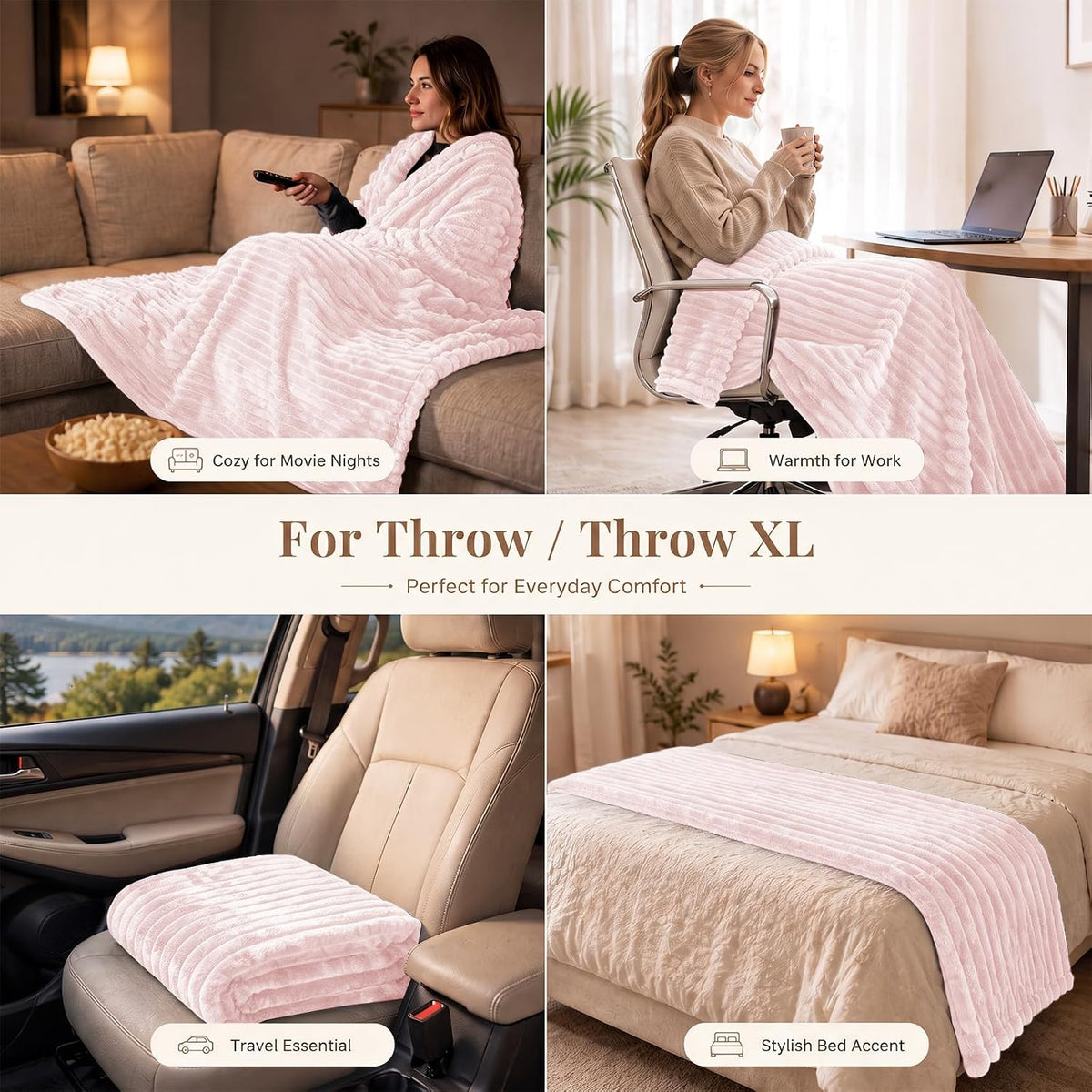 Pink Throw Blanket for Couch, 300GSM Ribbed Fleece, 50 x 60 Inches