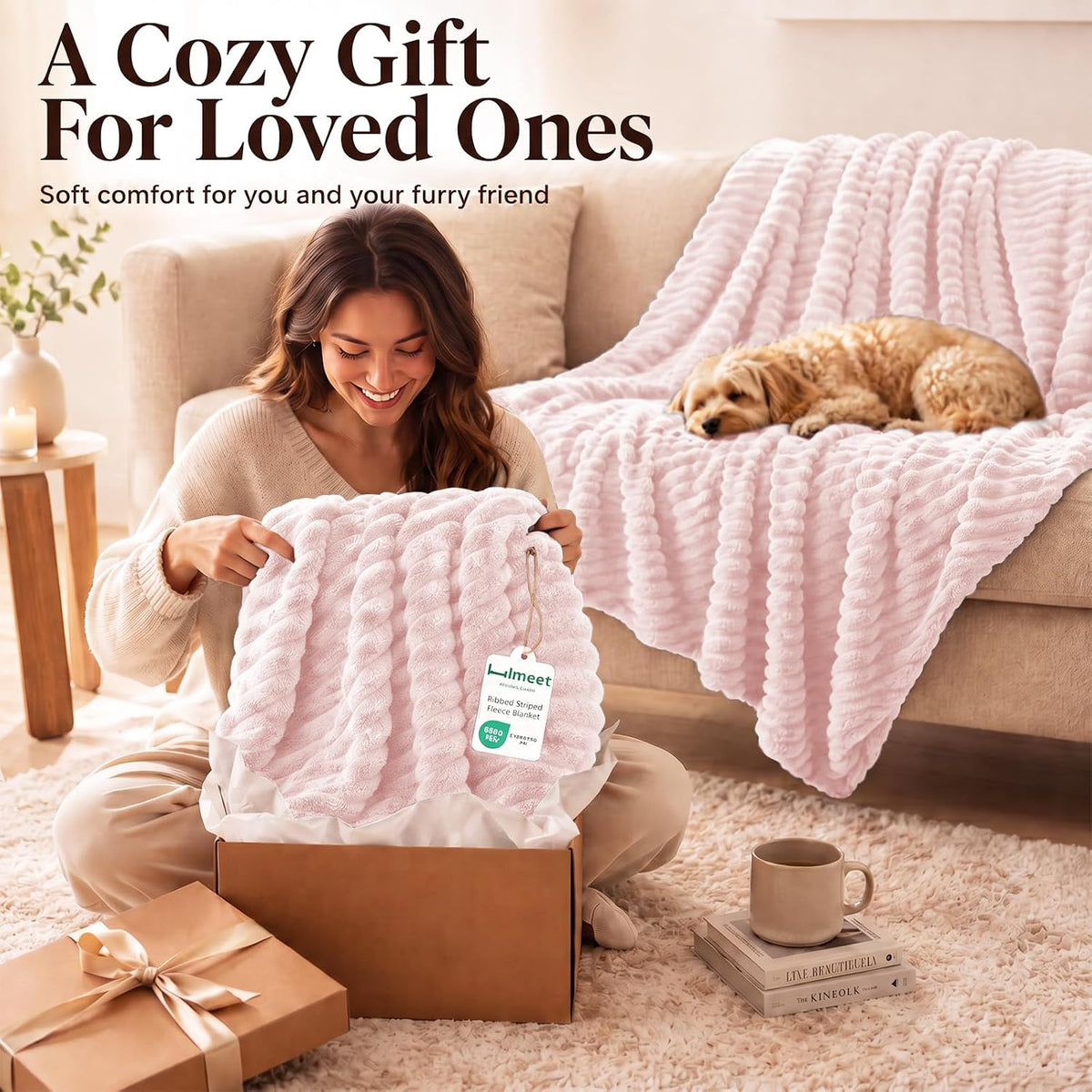 Pink Throw Blanket for Couch, 300GSM Ribbed Fleece, 50 x 60 Inches