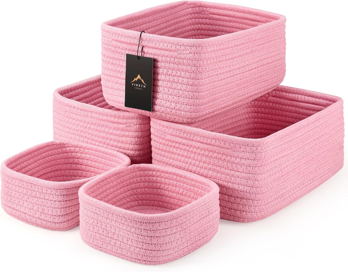 5-Pack Small Woven Rope Storage Baskets, 2 Sizes Organizer Bins