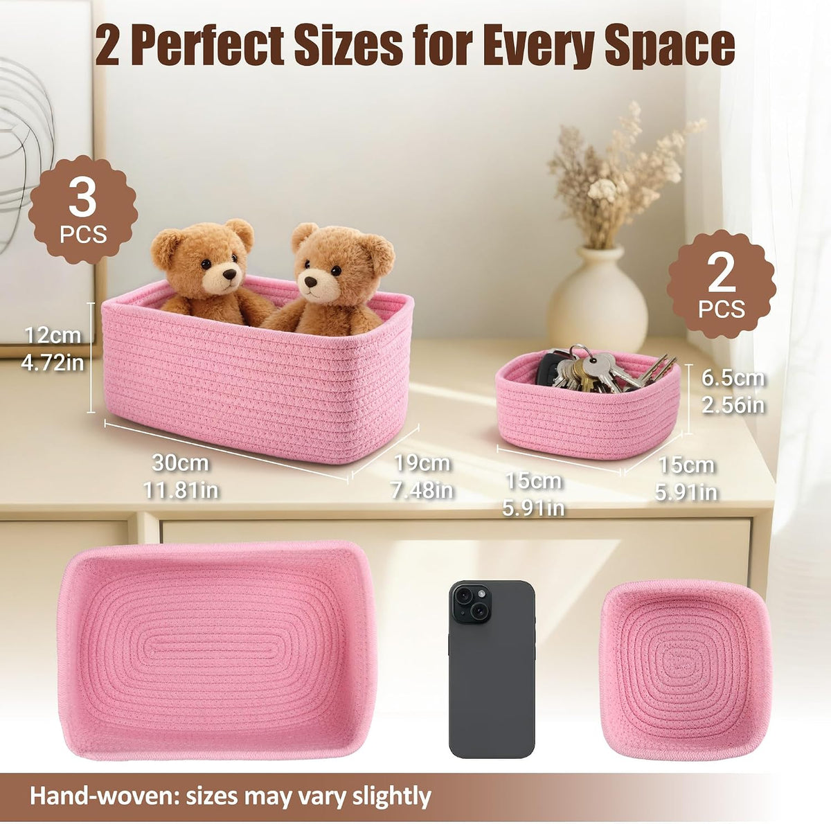 5-Pack Small Woven Rope Storage Baskets, 2 Sizes Organizer Bins
