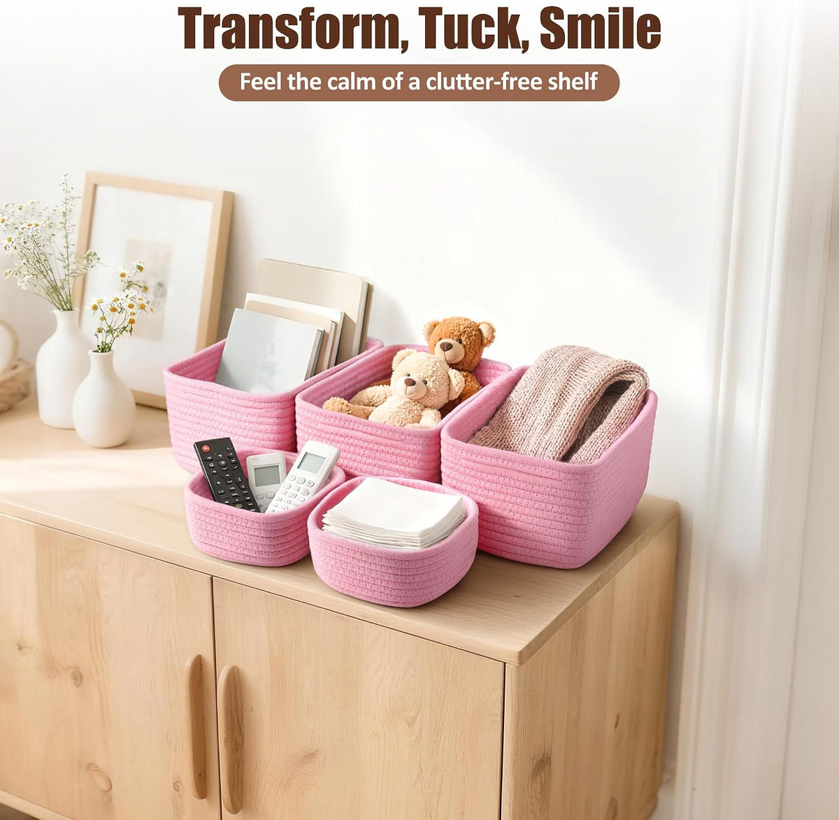 5-Pack Small Woven Rope Storage Baskets, 2 Sizes Organizer Bins