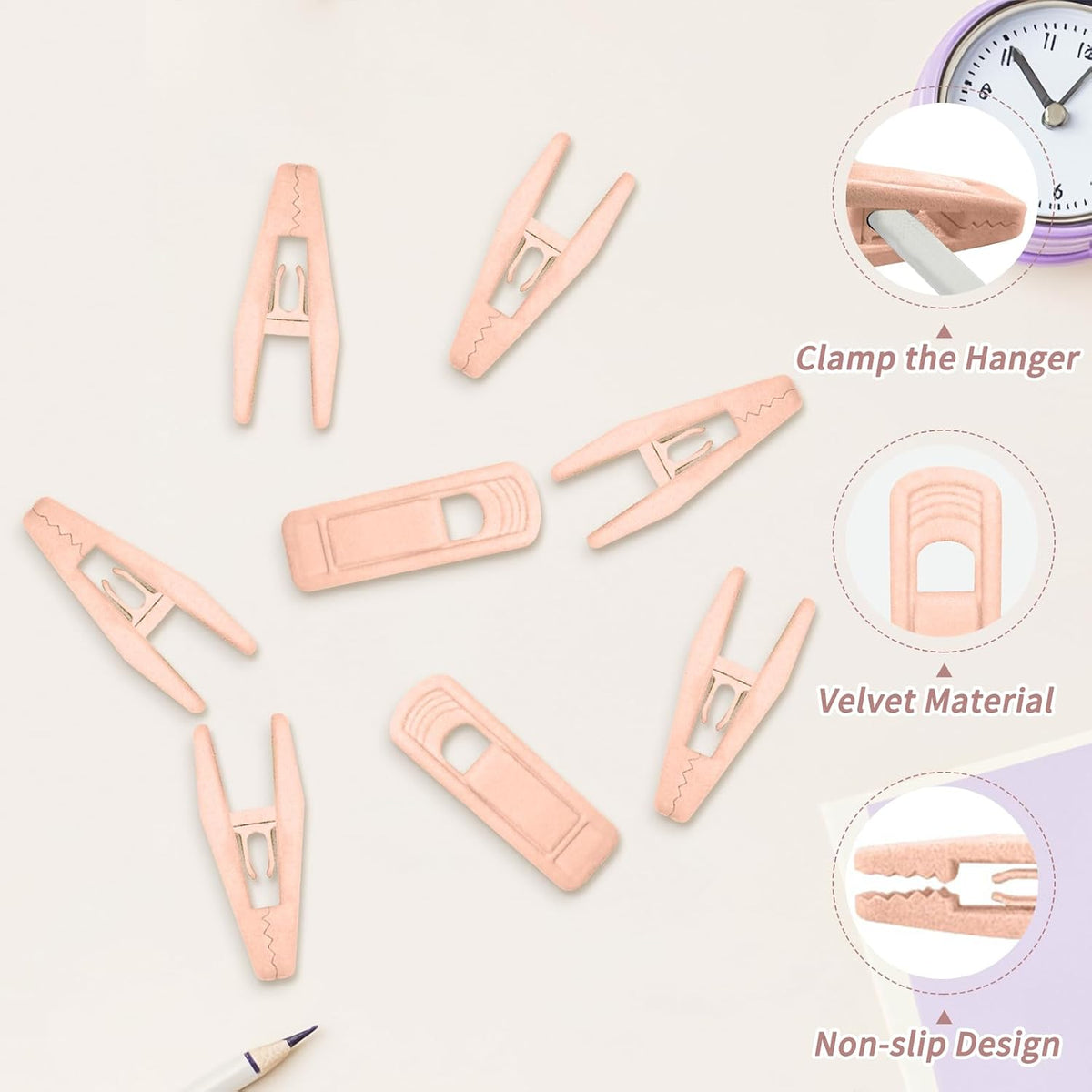 20 Pcs Velvet Hangers Clips, Non-Slip Clothes Hanger Clips Multi-Purpose Hanger Clips Strong Finger Flocked Clips for Pants Skirt Clothes Velvet Hanger (Pink)