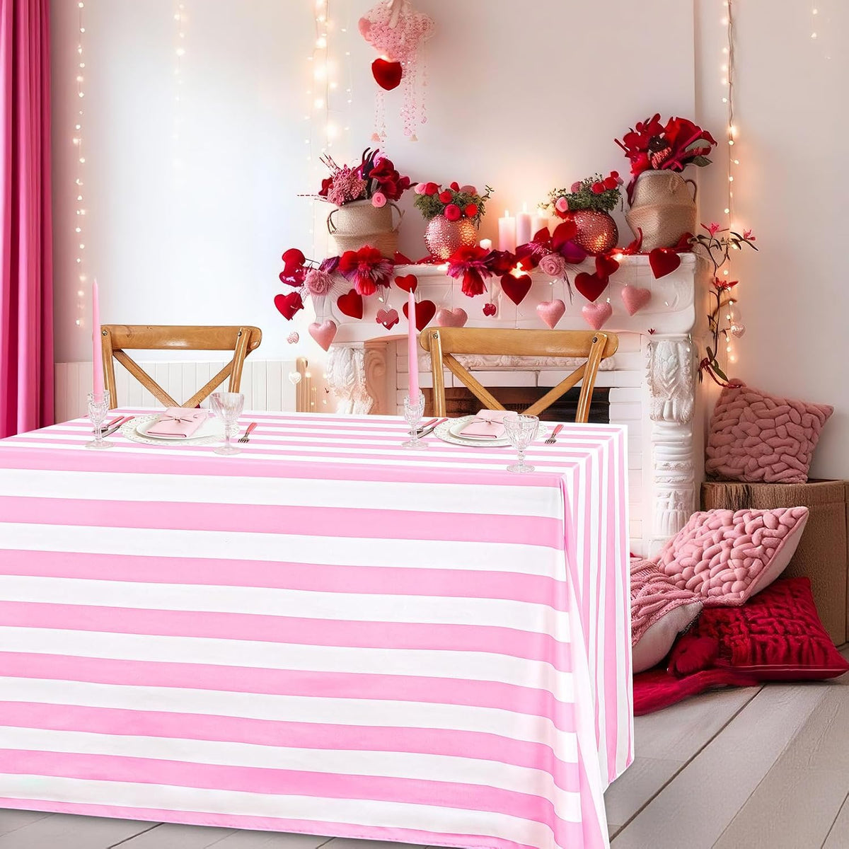 Pink and White Striped Rectangle Tablecloth 57x84 Inch Girls Party Decor