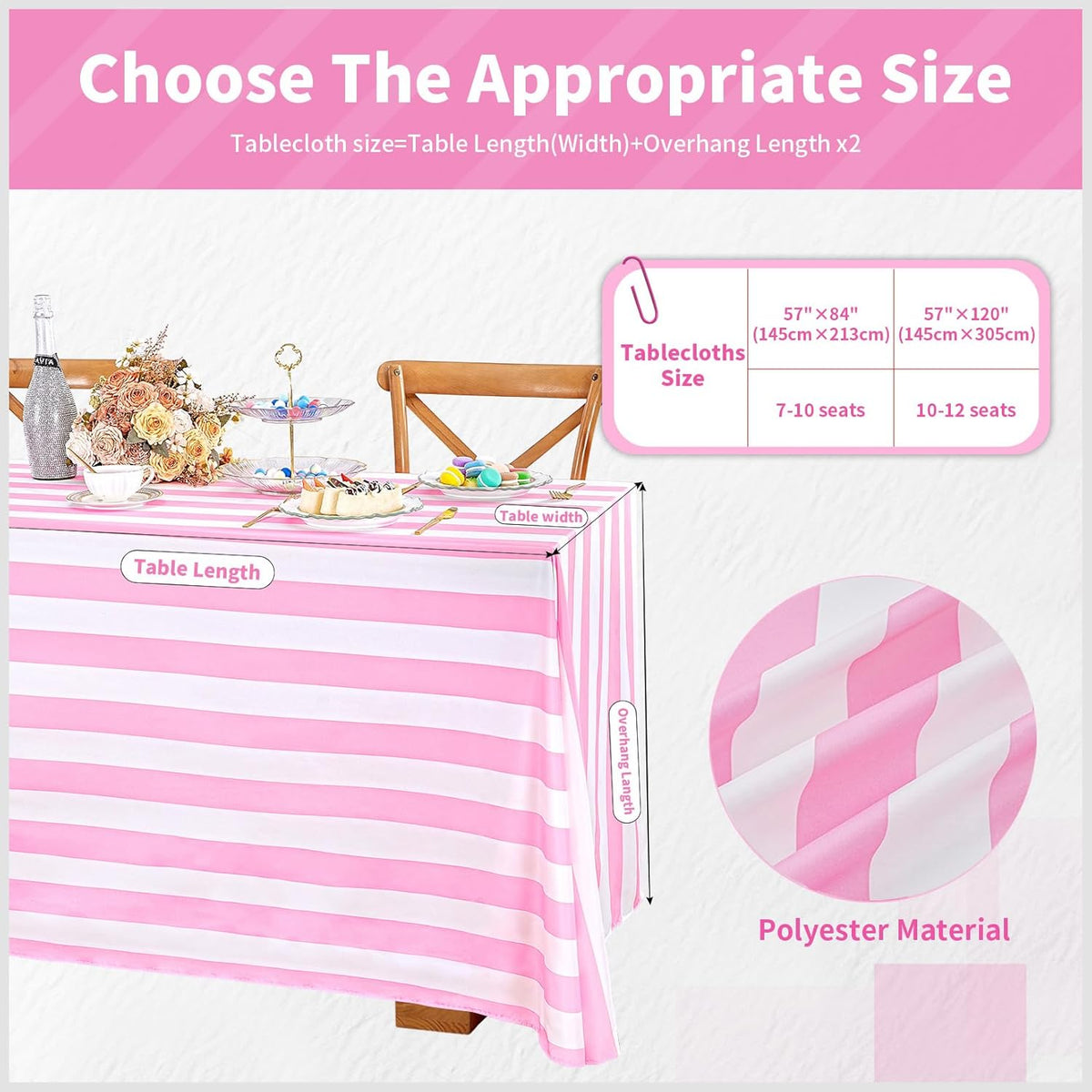 Pink and White Striped Rectangle Tablecloth 57x84 Inch Girls Party Decor
