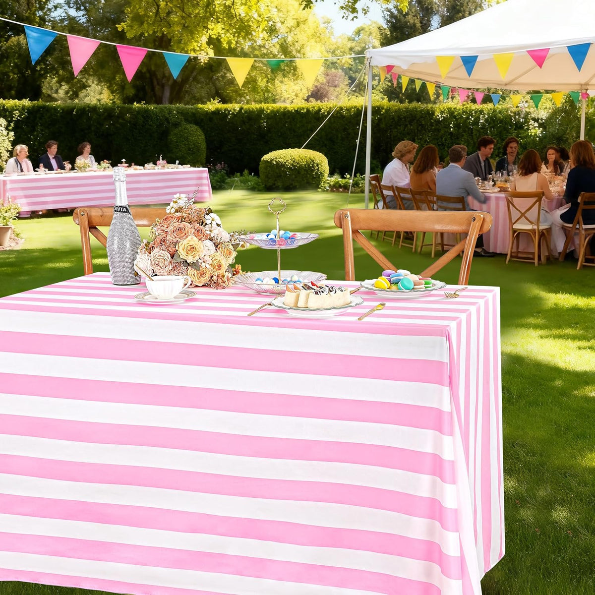 Pink and White Striped Rectangle Tablecloth 57x84 Inch Girls Party Decor