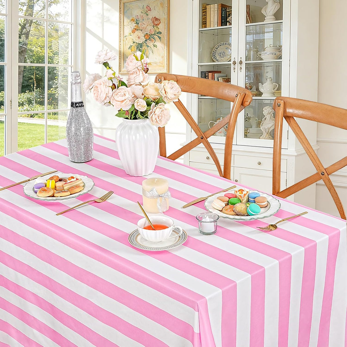 Pink and White Striped Rectangle Tablecloth 57x84 Inch Girls Party Decor