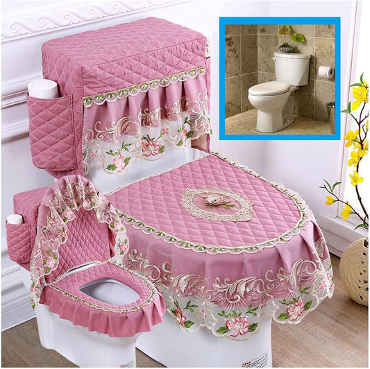 Soft Lace Toilet Lid Tank Seat Top Cover 3 Piece Set Toilet Seat Cover Set 3 Piece with Storage Bags Toilet Lid Cover Set for Bathroom (Pink)