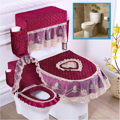 Soft Lace Toilet Lid Tank Seat Top Cover 3 Piece Set Toilet Seat Cover Set 3 Piece with Storage Bags Toilet Lid Cover Set for Bathroom (Pink)