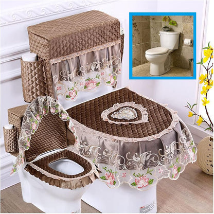 Soft Lace Toilet Lid Tank Seat Top Cover 3 Piece Set Toilet Seat Cover Set 3 Piece with Storage Bags Toilet Lid Cover Set for Bathroom (Pink)