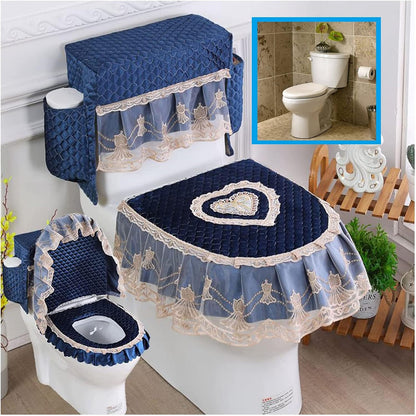 Soft Lace Toilet Lid Tank Seat Top Cover 3 Piece Set Toilet Seat Cover Set 3 Piece with Storage Bags Toilet Lid Cover Set for Bathroom (Pink)