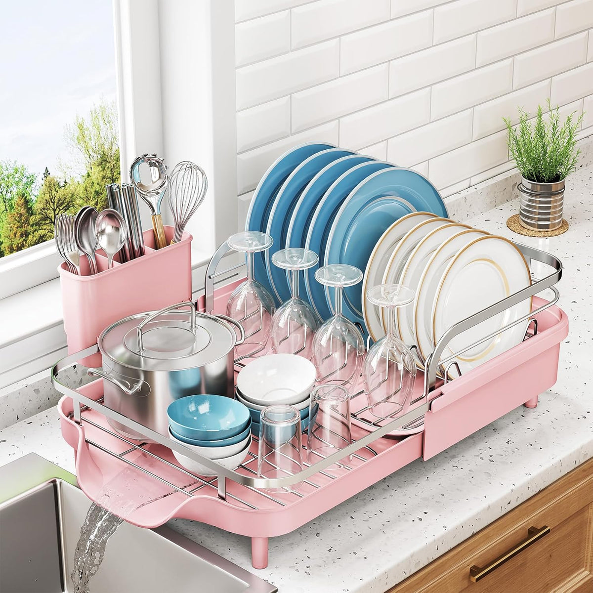 Expandable Dish Drying Rack for Kitchen Counter, 15.2-22.1 in, Pink