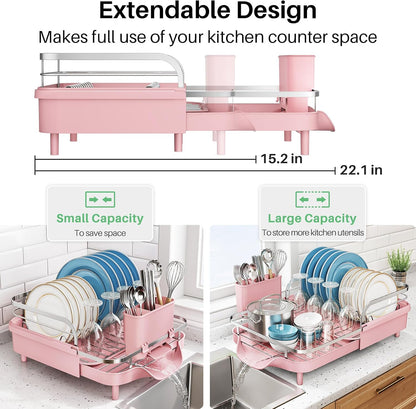 Expandable Dish Drying Rack for Kitchen Counter, 15.2-22.1 in, Pink