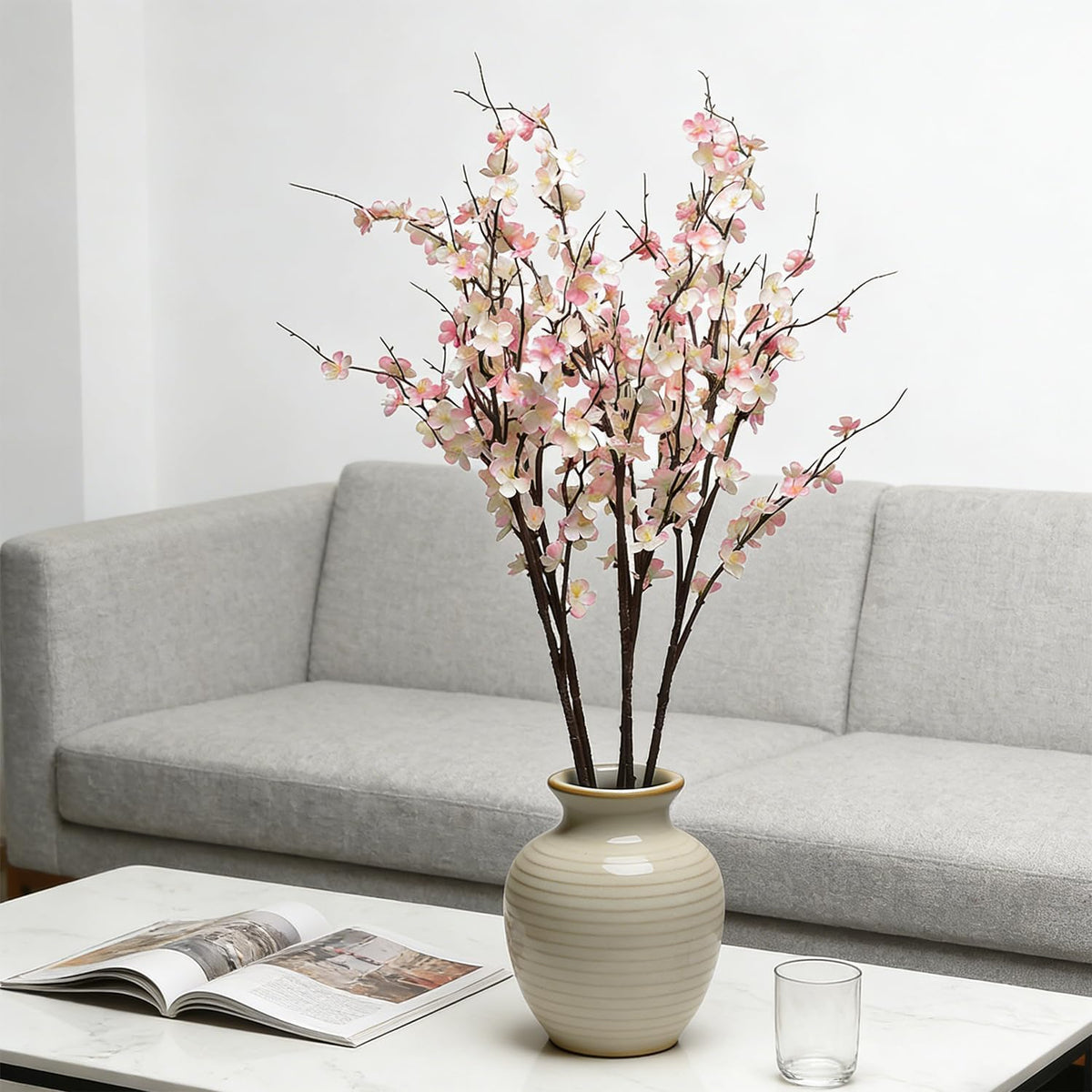 Artificial Cherry Blossom Branches for Vase Faux Cherry Blossom Stems Long Stem Artificial Flowers for Tall Vase (5, Pink)