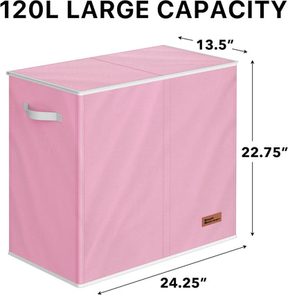 Double Laundry Hamper with Lid & Removable Bags, Pink