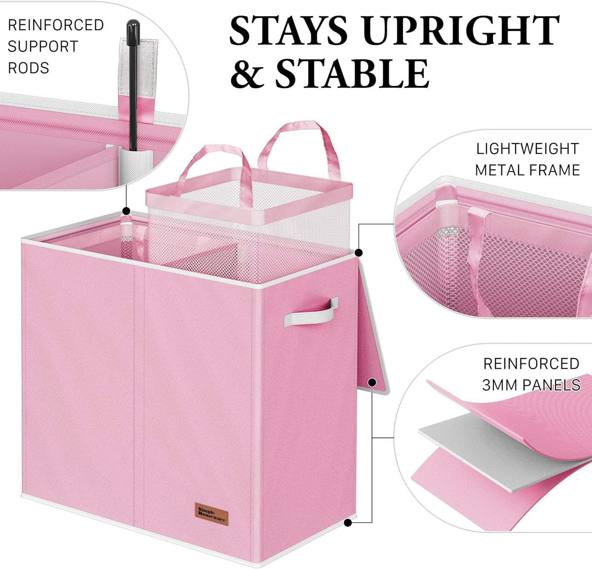 Double Laundry Hamper with Lid & Removable Bags, Pink
